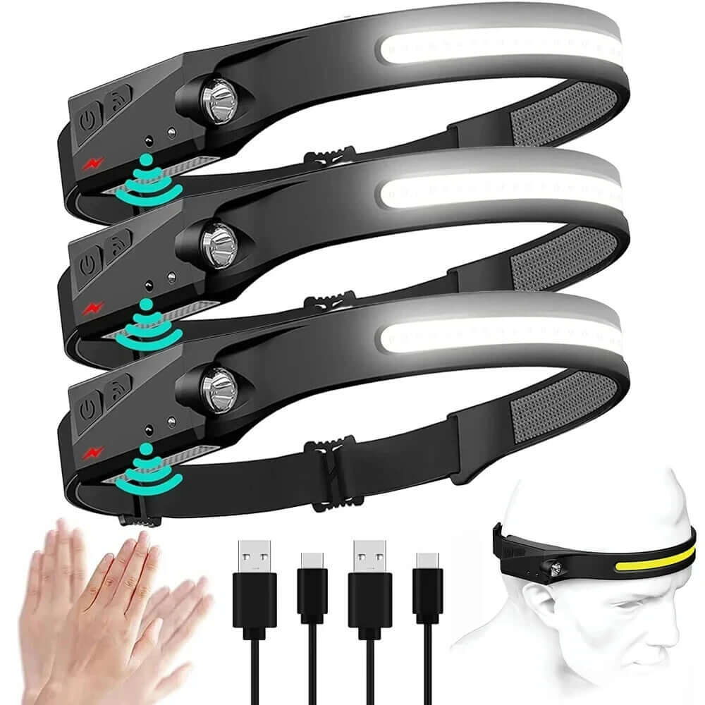 USB Rechargeable Waterproof LED Headlamp with Motion Sensor for Camping